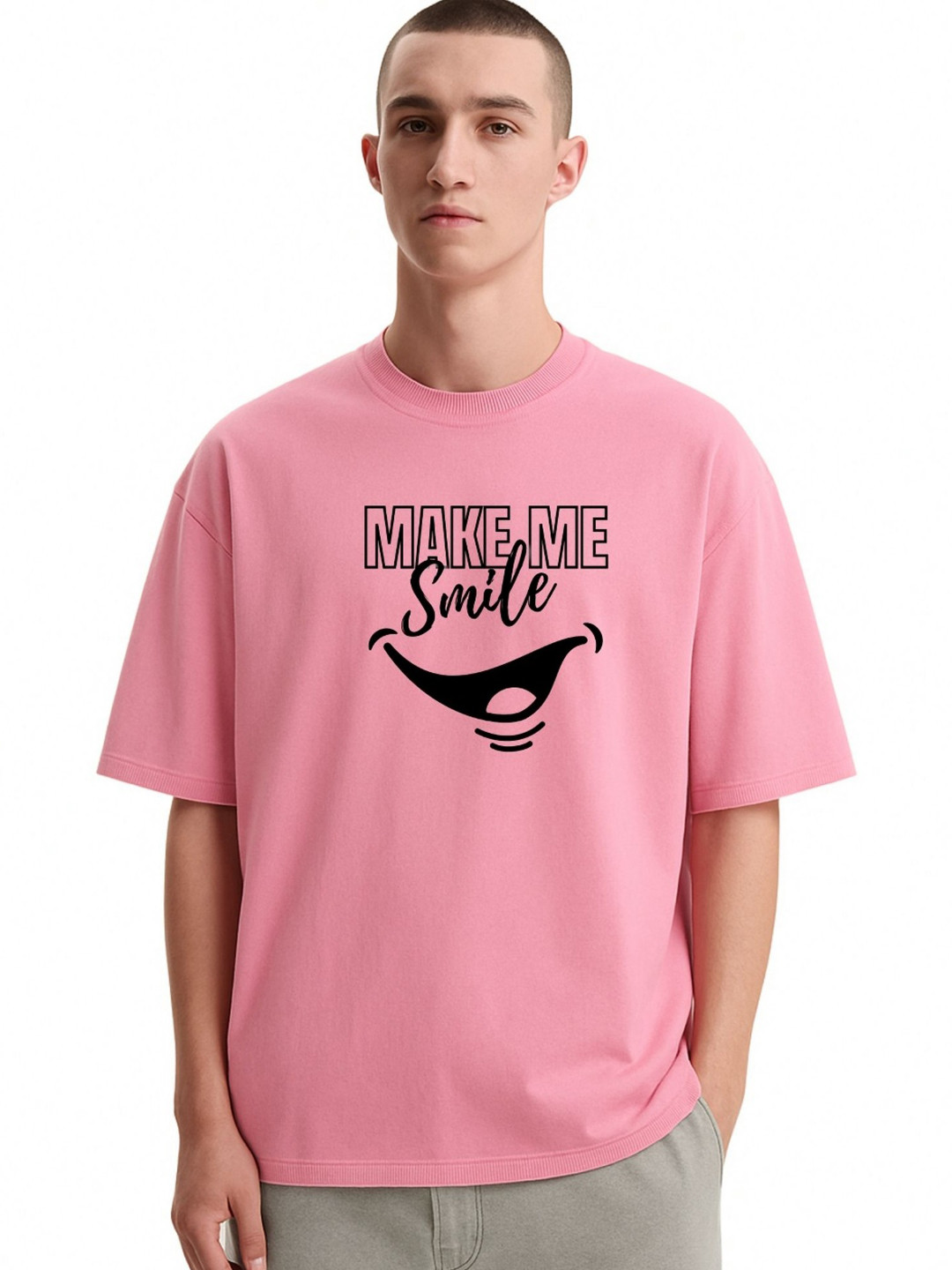 Fashnobic Men Dri-FIT Trendy Make Me Smile Printed Round Neck Cotton Oversized T-shirt