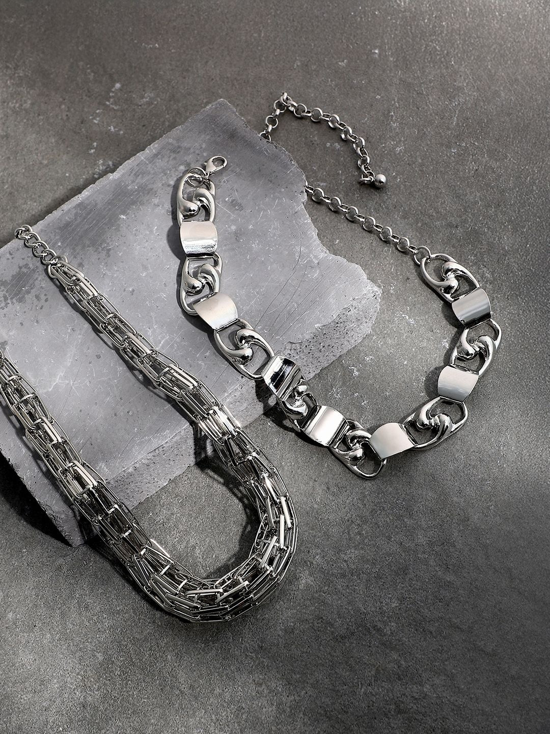 SOHI Set Of 2 Silver-Plated Chunky & Link Statement Necklaces