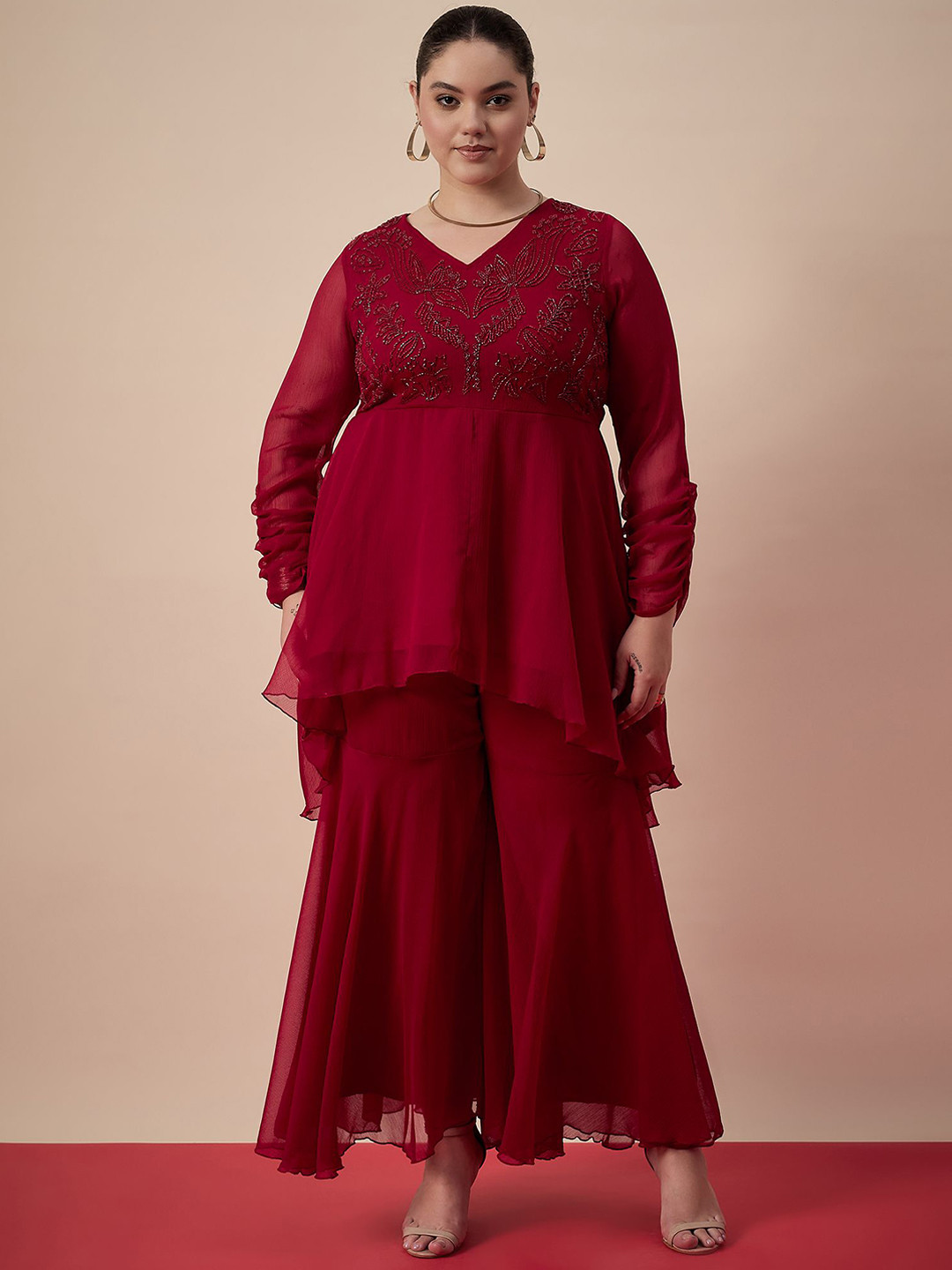 Antheaa Curve Embroidered Tunic with Palazzos Co-Ord Set