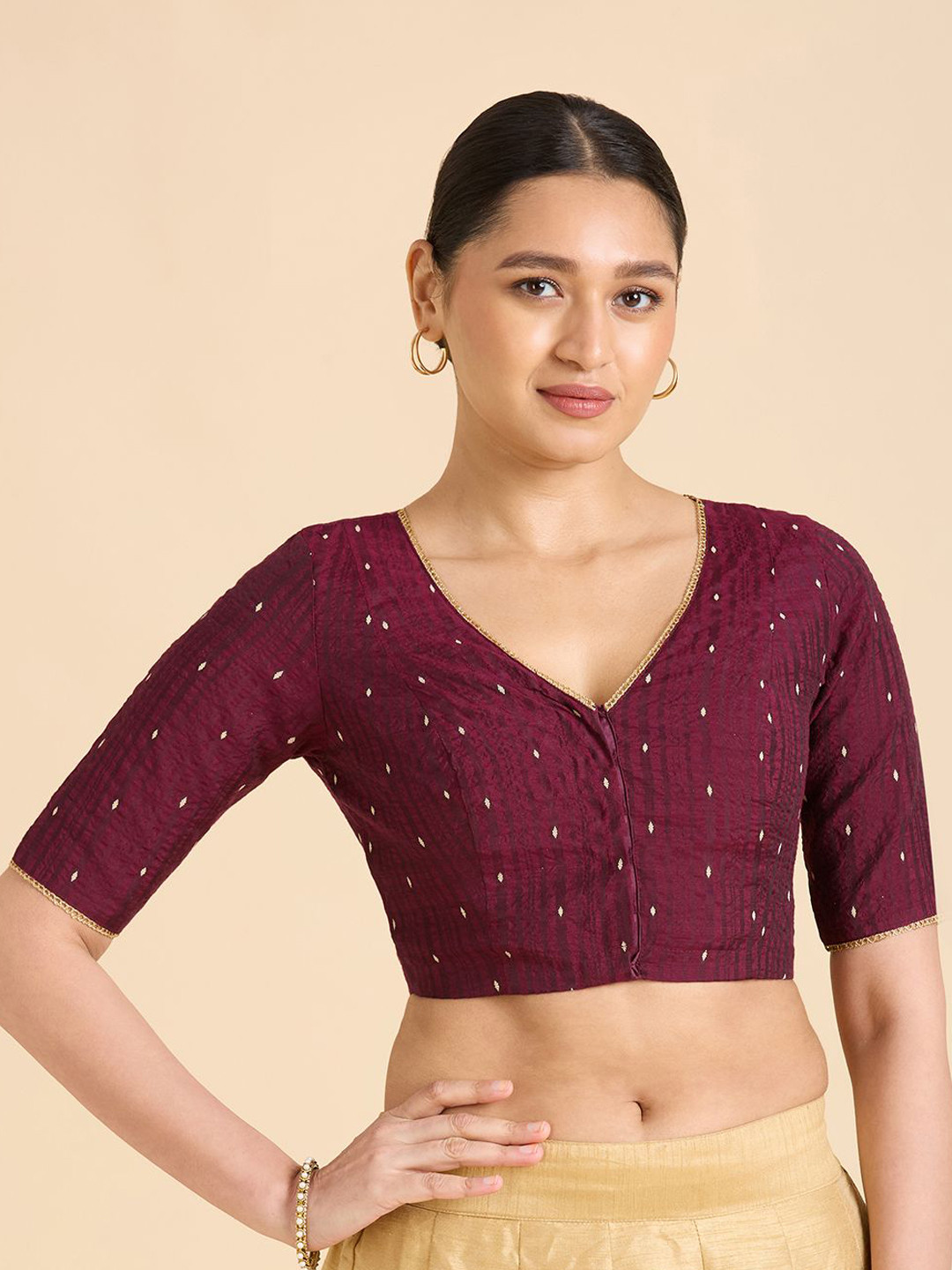 Studio Shringaar Woven Design V-Neck Readymade Cotton Silk Saree Blouse