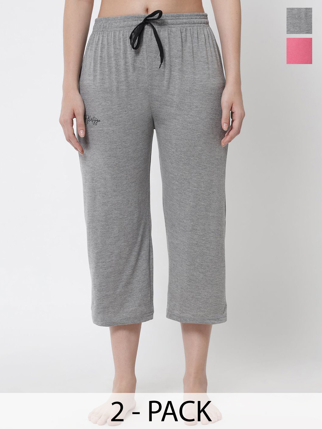 FFLIRTYGO Women Pack Of 2 Solid Cotton Drawstring Capri Lounge Pants