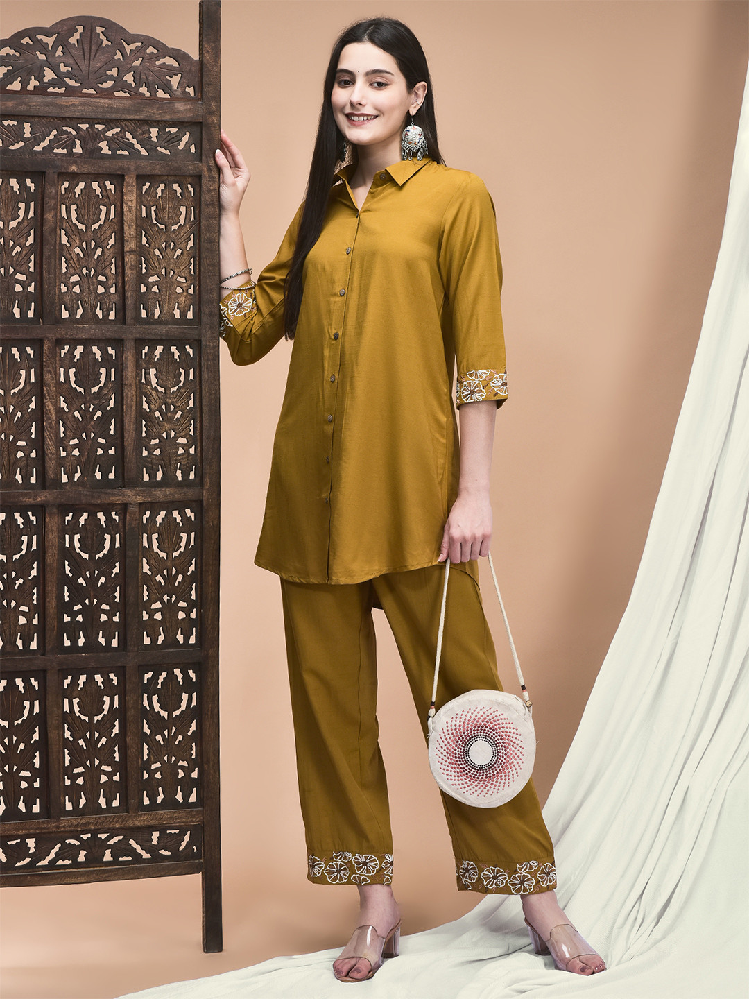 Shree Embroidered Shirt Collared Tunic Top With Trousers Co-Ords