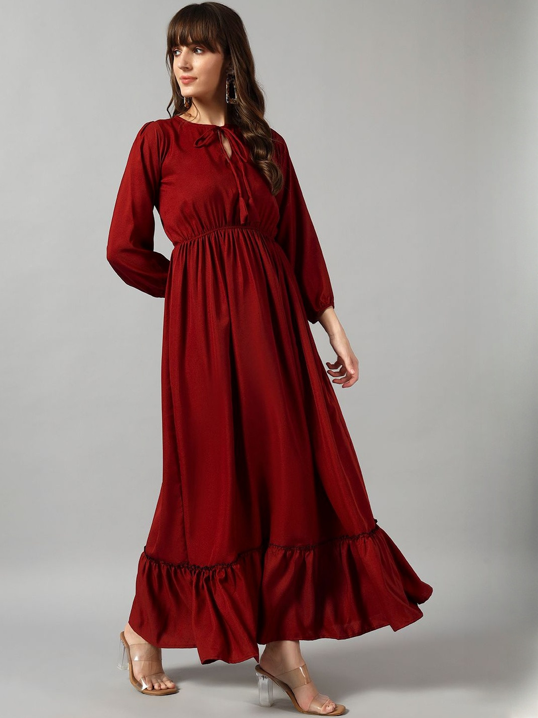 Jash Creation Women Maroon Crepe Tie-up Neck Solid Long Flared Maxi Kurtas