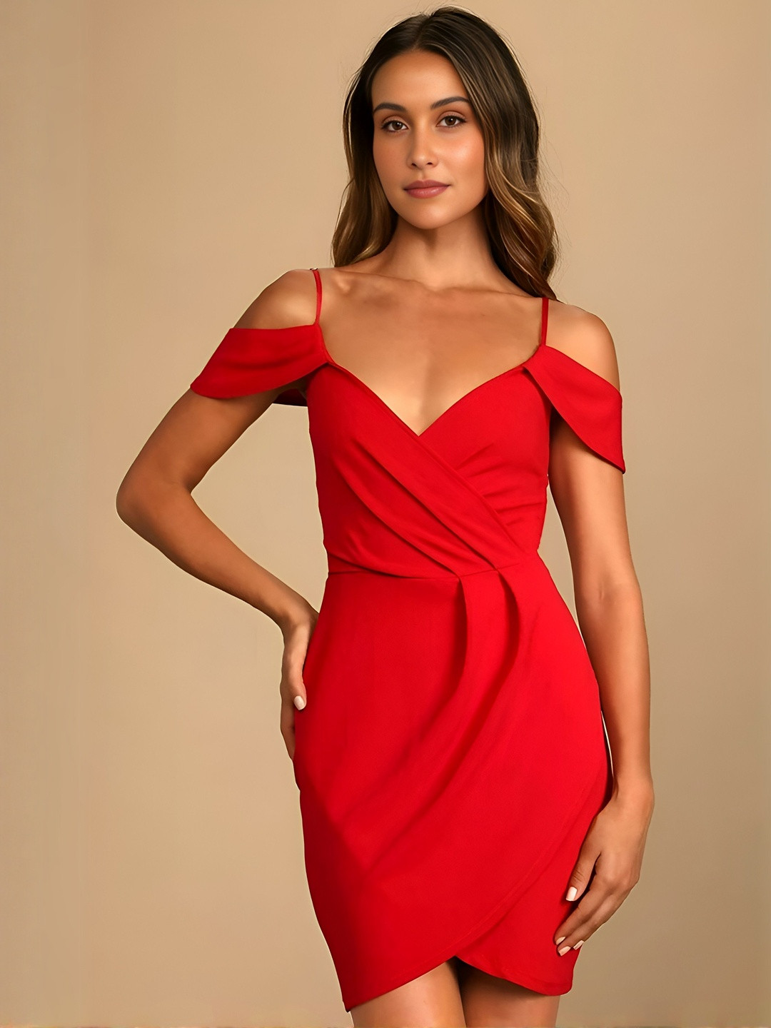 ZELZIS Women Shoulder Straps Cold-Shoulder Sleeves Wrap Mini Dress