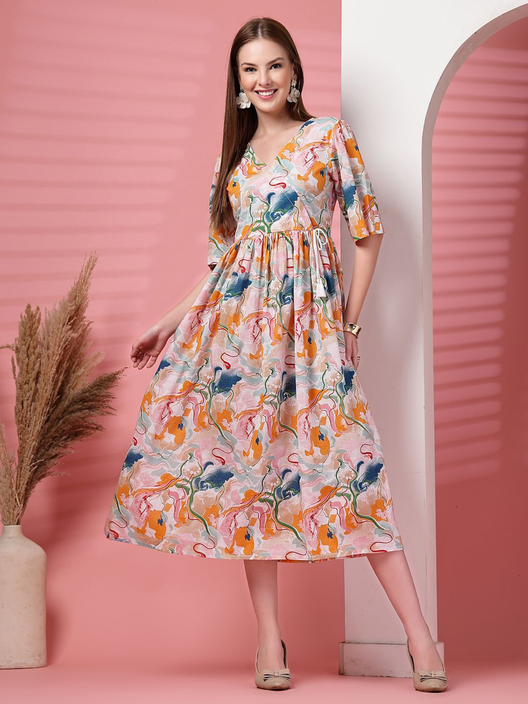 RANGEELO JAIPUR Abstract Printed Fit & Flare Midi Dress
