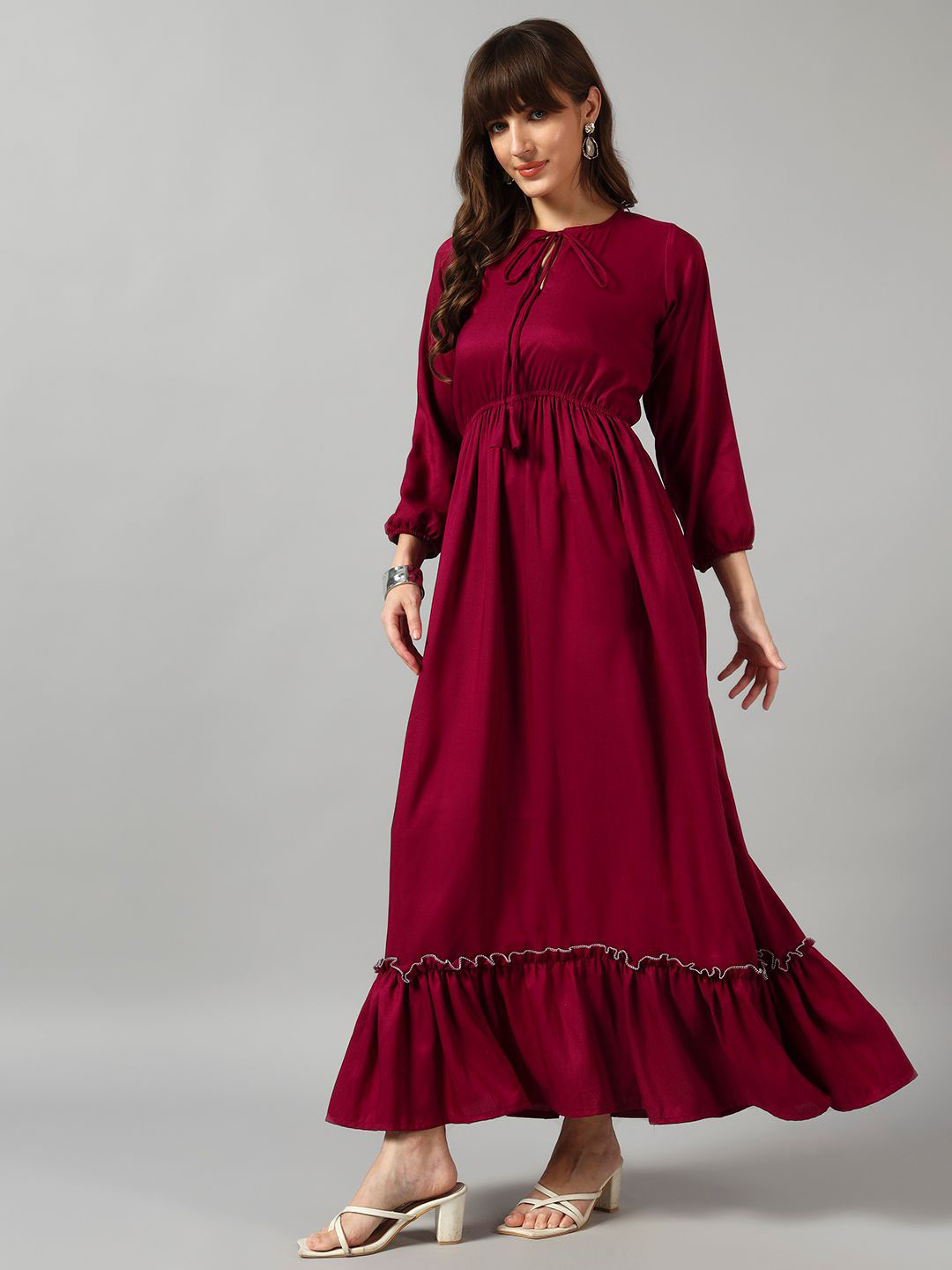 Femvy designer Women Tie Up Neck Puff Sleeves Tiered Fit And Flare Dress