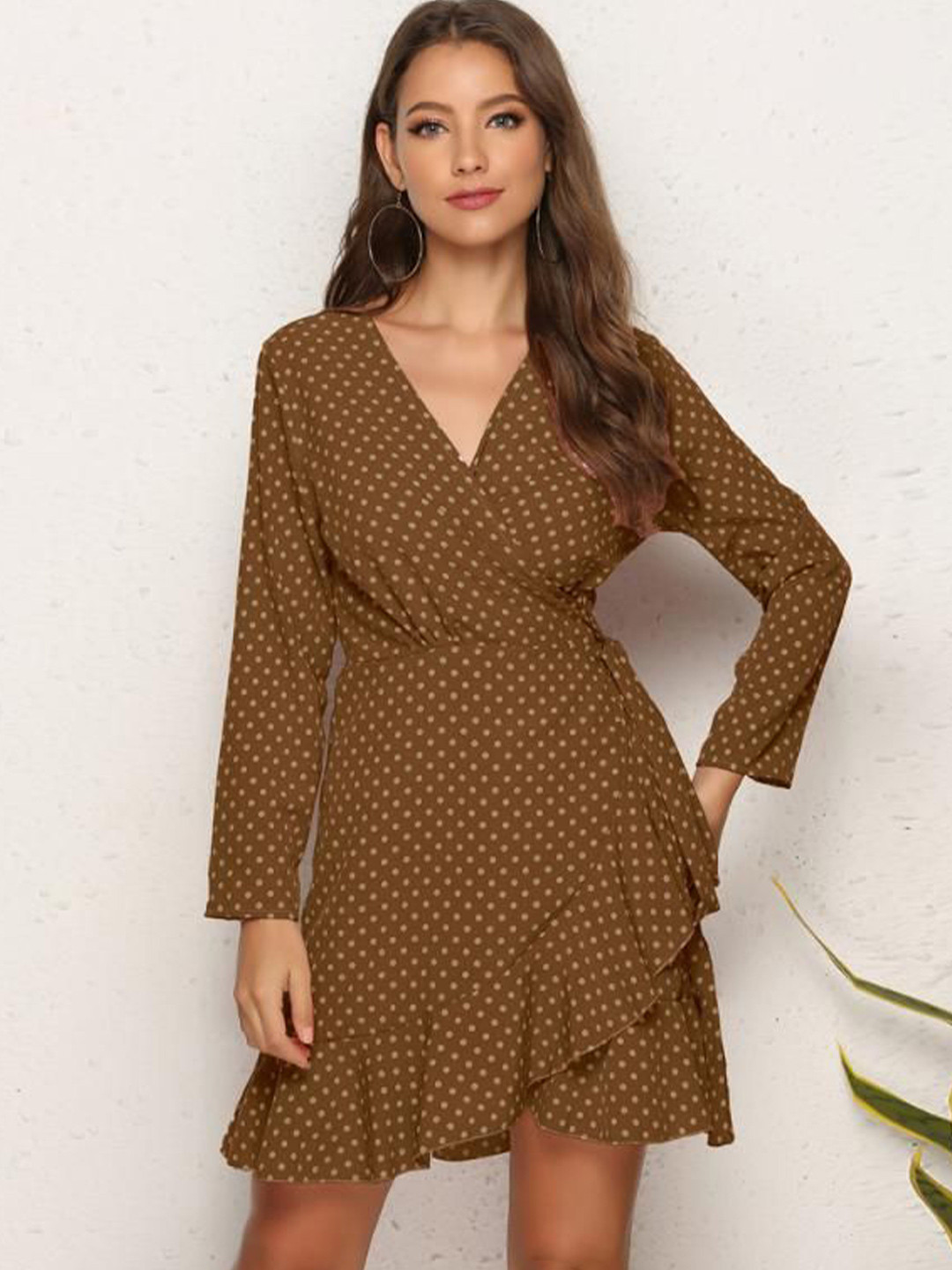 Brown Polka Dot V-Neck Wrap Dress