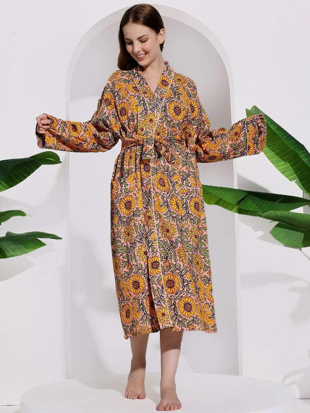 HANDICRAFT PALACE Women Floral Printed Pure Cotton Robe With Belt