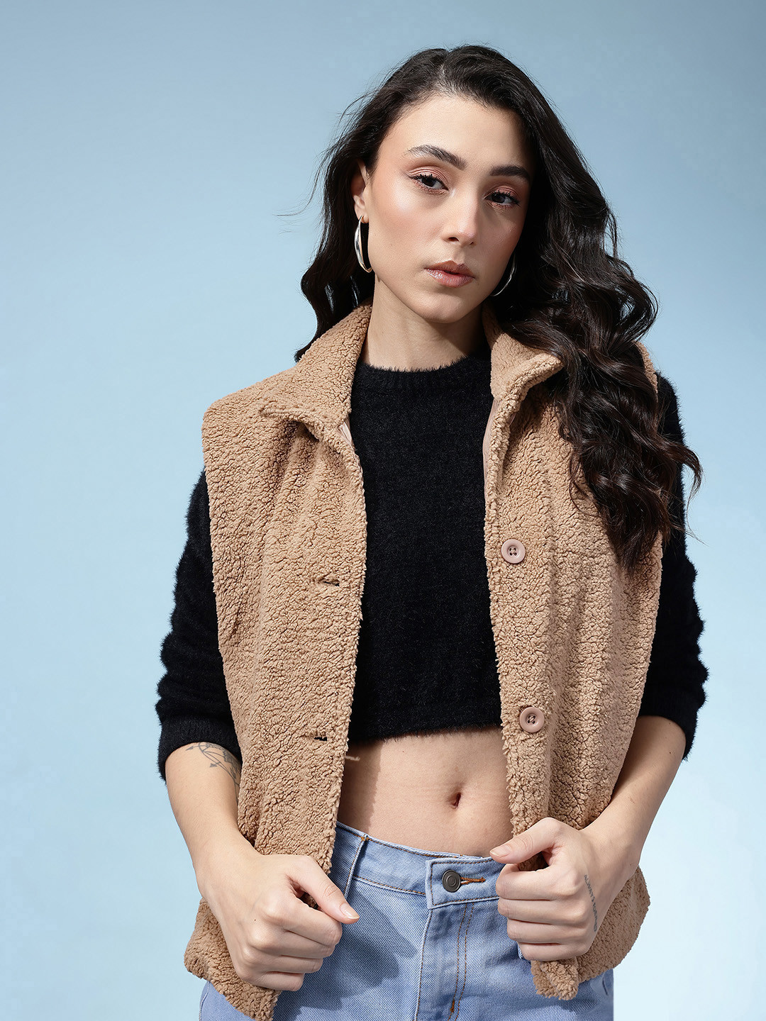 glitchez Spread Collar Sherpa Relaxed Fit Button-Down Gilet Jacket