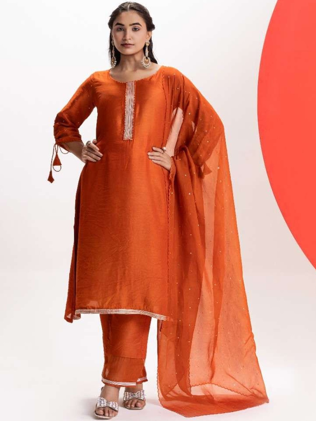 EESHA GUPTA Round Neck Chanderi Silk A-Line Kurta With Trousers & Dupatta