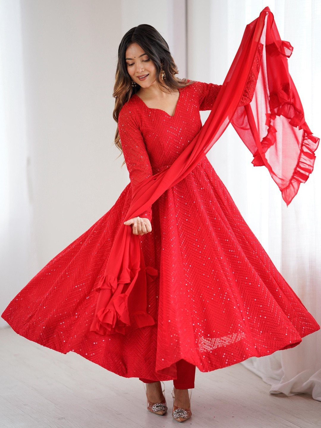 SAJAVAT ETHENIC WEAR Ethnic Motifs Embroidered Sequinned Georgette Kurta,Pyjamas & Dupatta