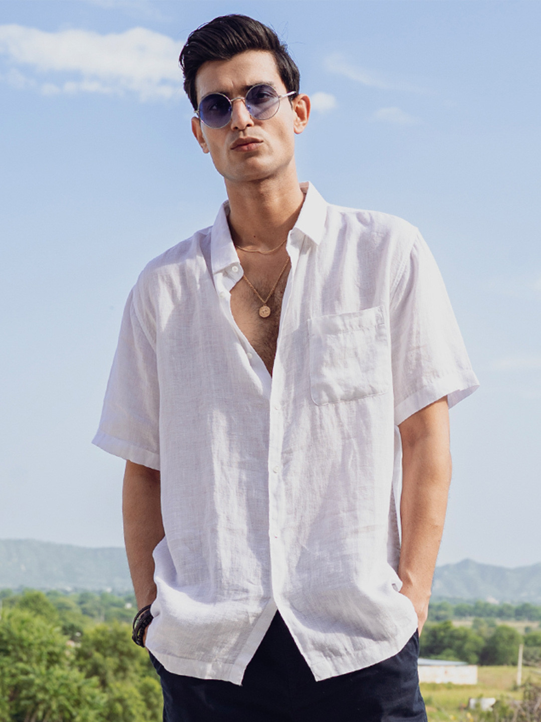 KINGDOM OF WHITE Spread Collar Pure Linen Casual Shirt