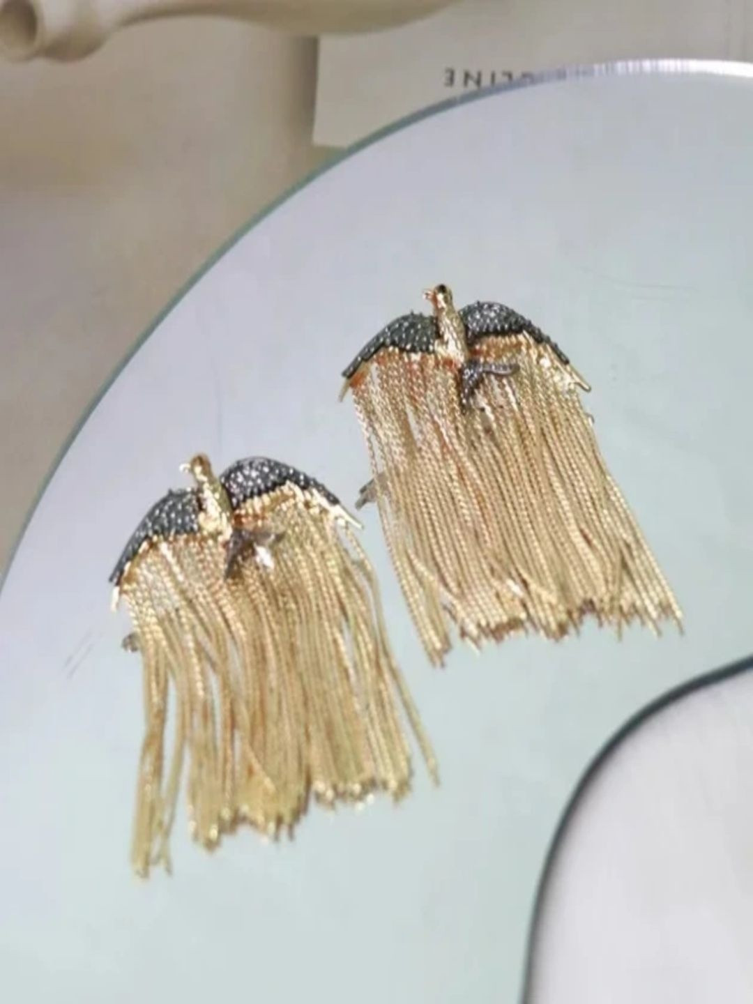 Selenes Gold-Plated Zircon Studded Tasselled Bird Shaped Drop Earrings