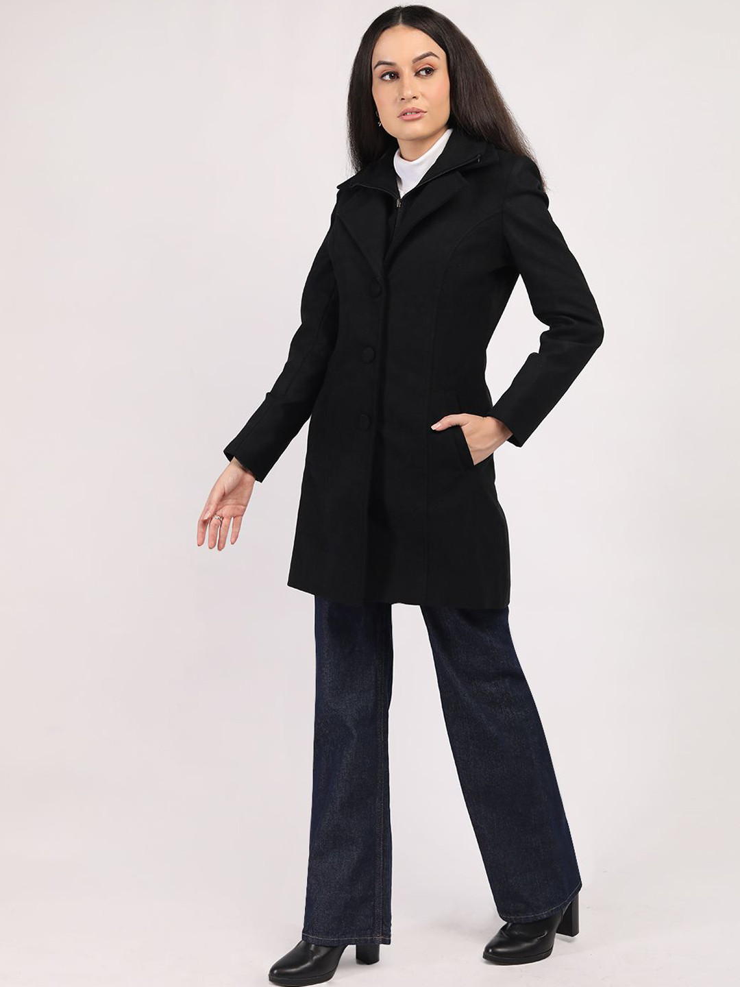 HONNETE Double Collar Single-Breasted Hip-Length Winter Overcoat