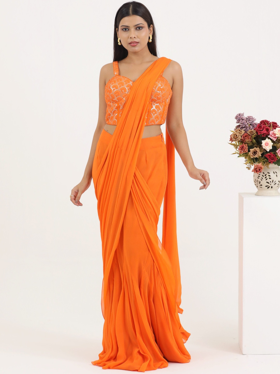 PUSHP PARIDHAN Ready to Wear Drape Saree With Embellished Stitched Blouse