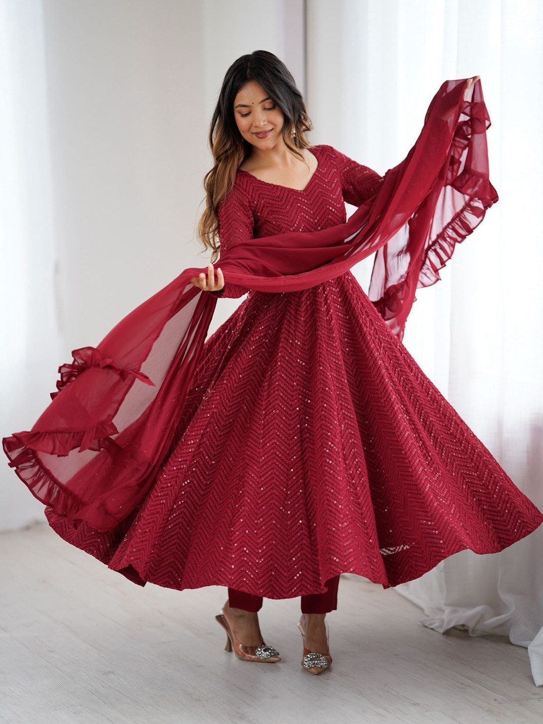 SAJAVAT ETHENIC WEAR Self Design Sequinned Georgette Kurta With Trousers & Dupatta