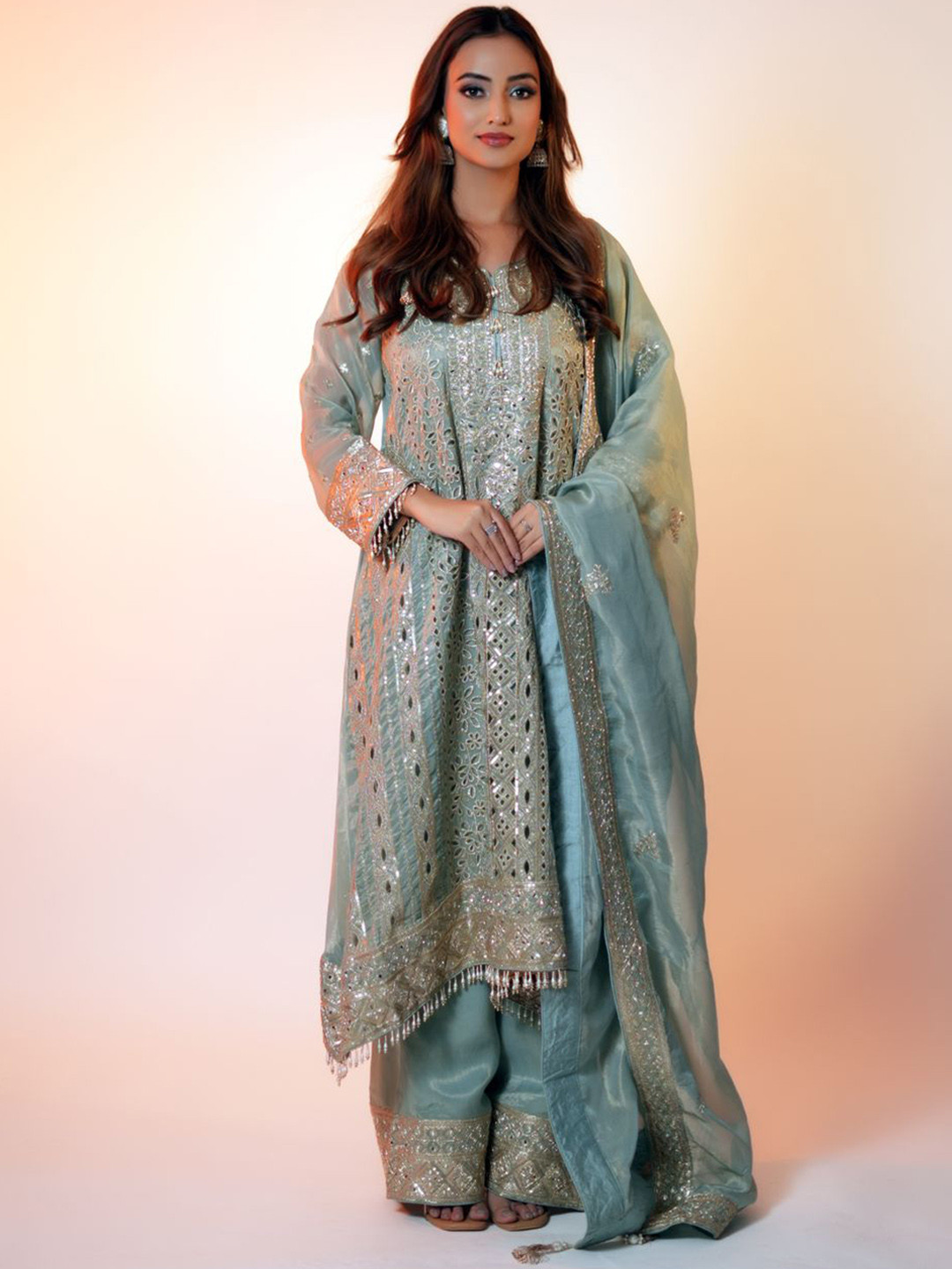 NEE DESIGNSS Women Floral Embroidered Round Neck Kurta With Palzzos & Dupatta