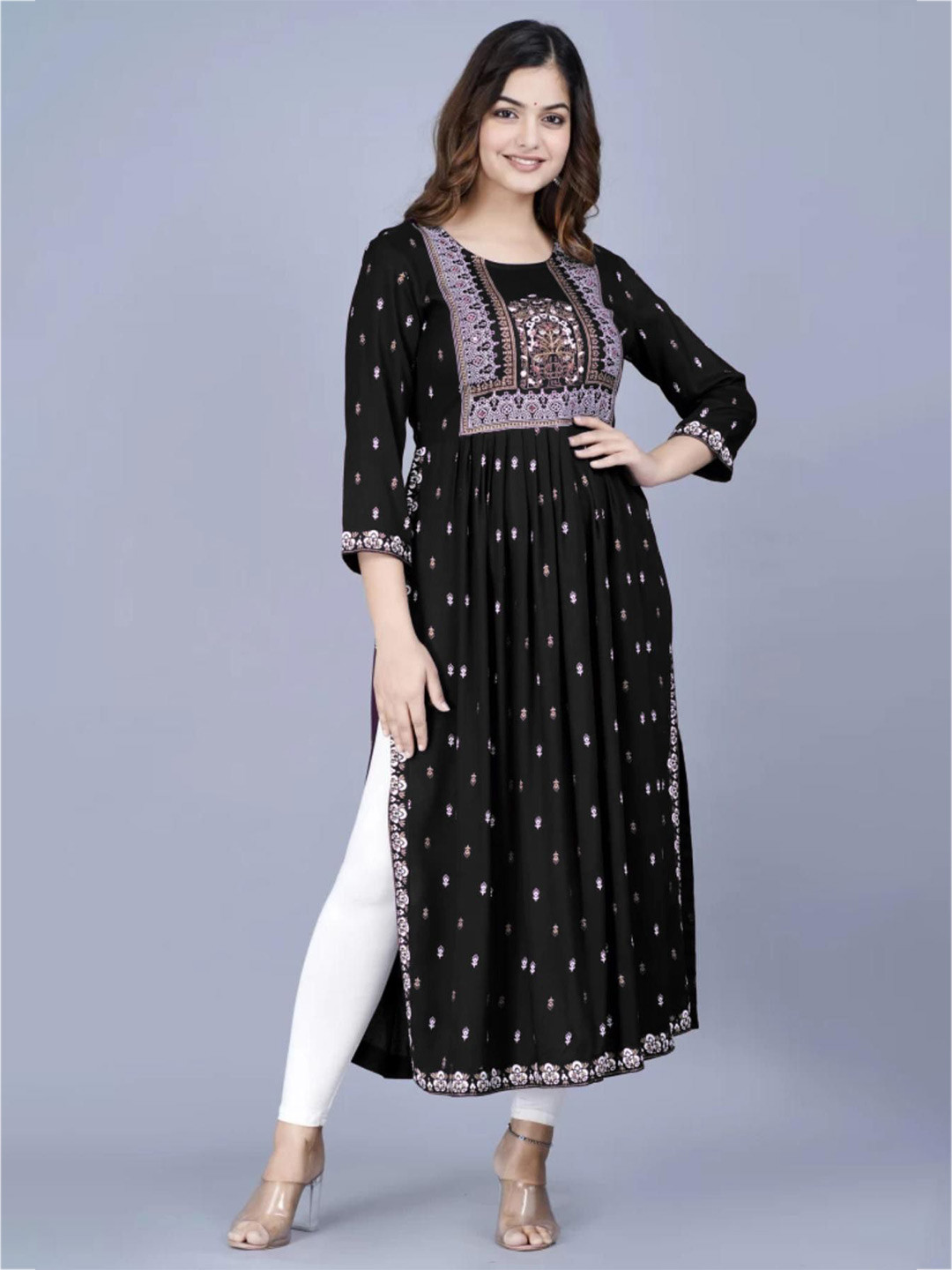 BRAHMASTRA Women Black Viscose Rayon Ethnic Motifs Printed Kurti