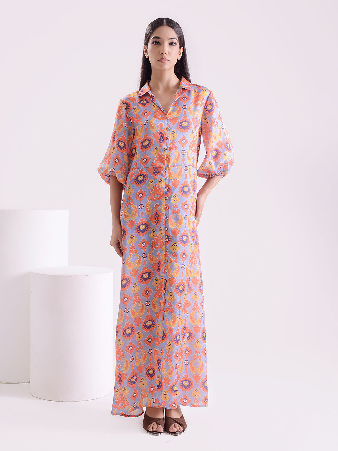 House of Kaftan Floral Print Puff Sleeve Linen Maxi Dress