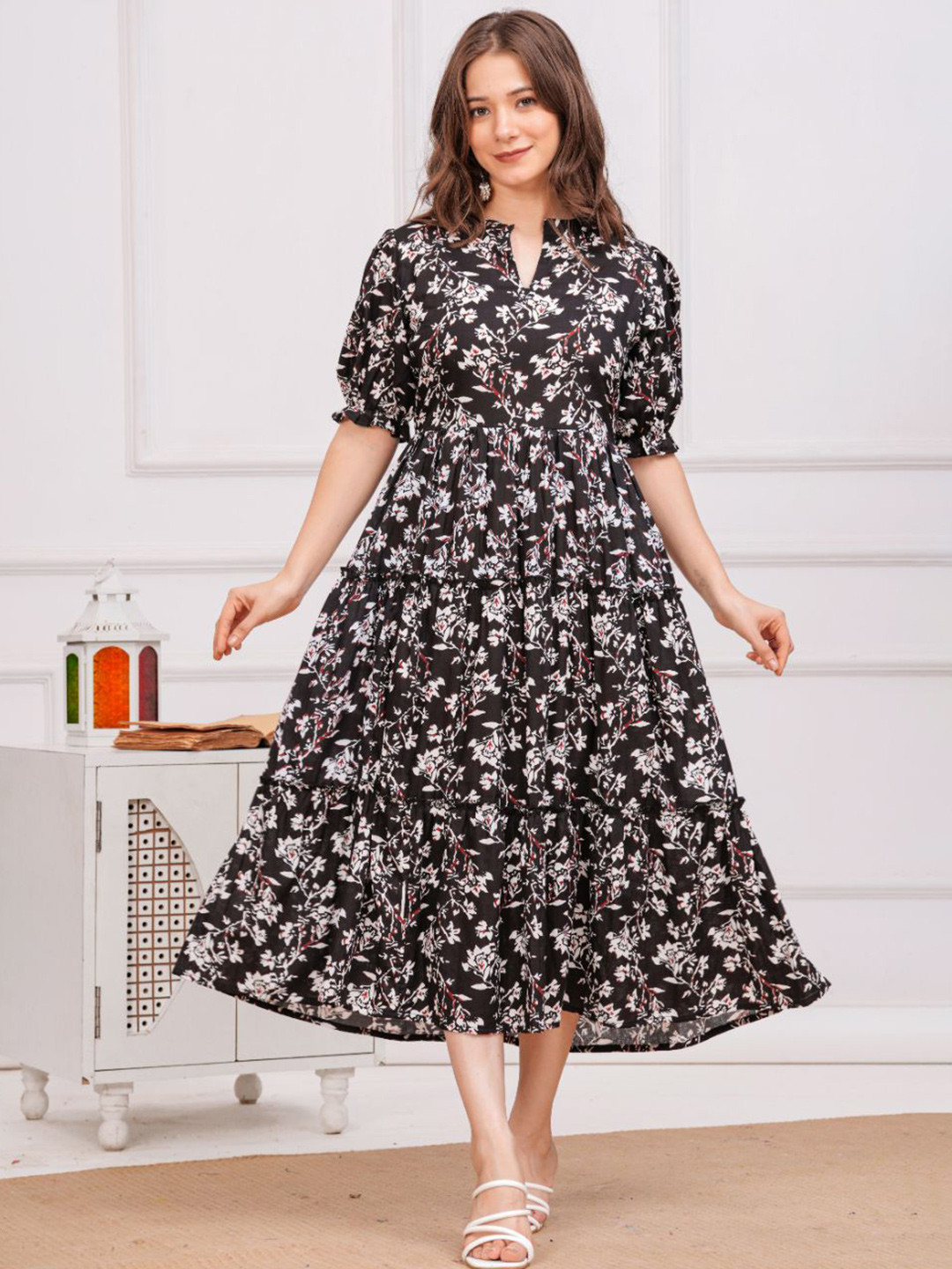 KHEJAL Floral Print Puff Sleeve A-Line Midi Dress