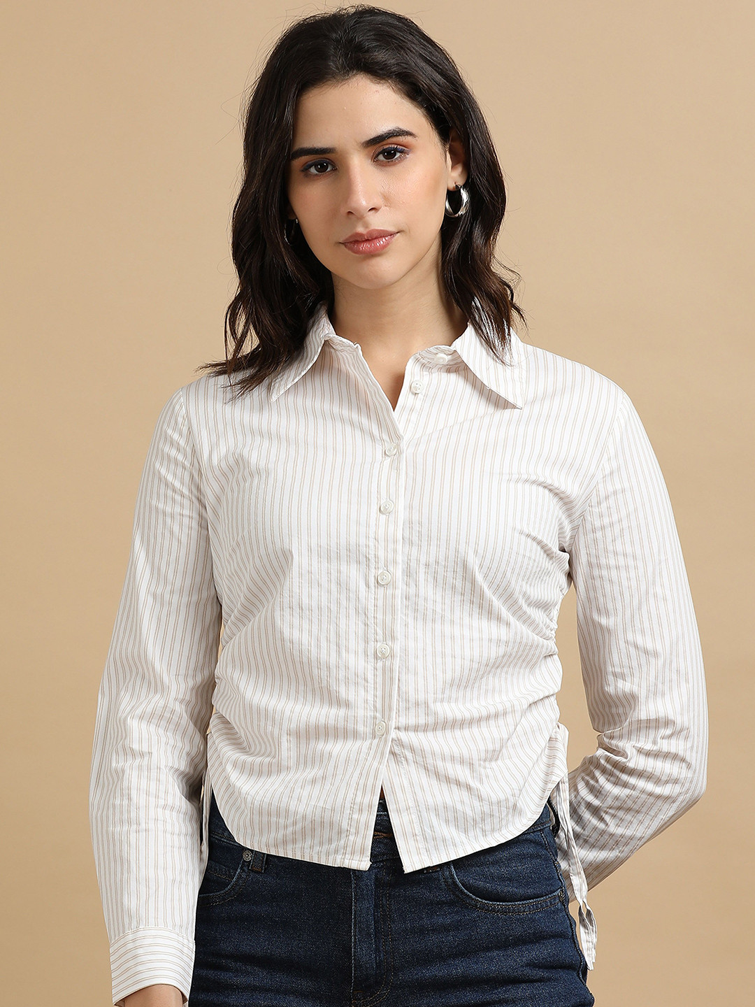 GLAM & CHIQUE Women's Cropped Fitted Shirt with Adjustable Side Drawstring