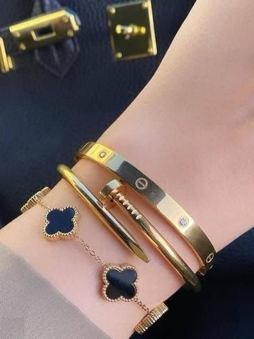 Glamgem Set Of 3 Gold-Plated Stainless Steel Stone Studded Enamelled Cuff Bracelets