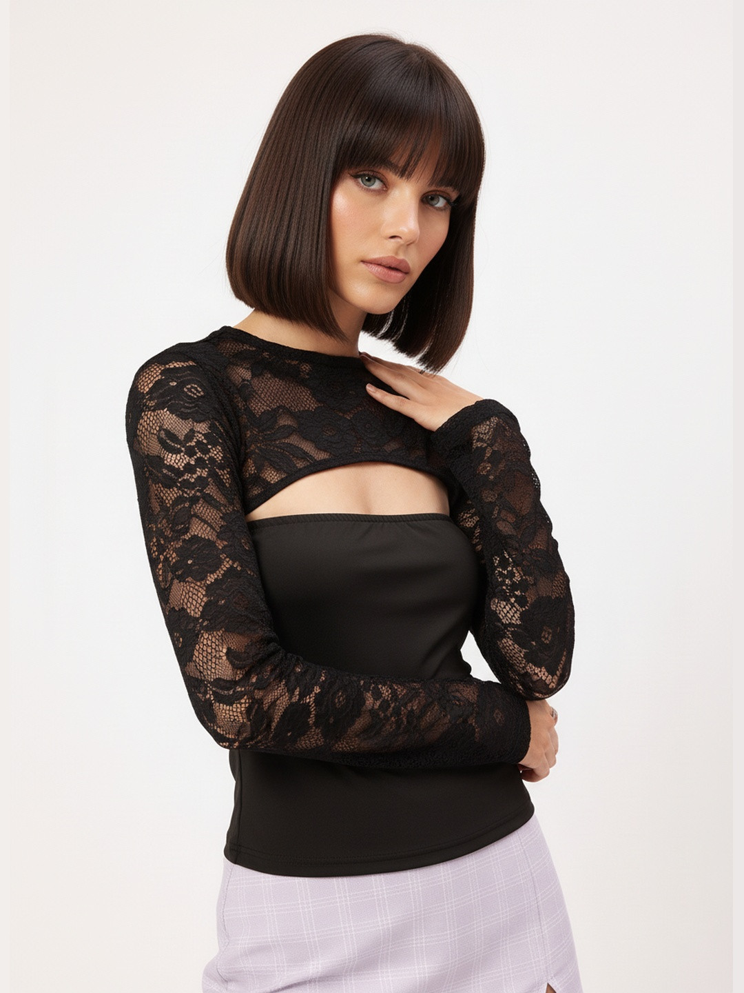 DressBerry Chic Channel Cut-Out Detail Lace-Detail Top
