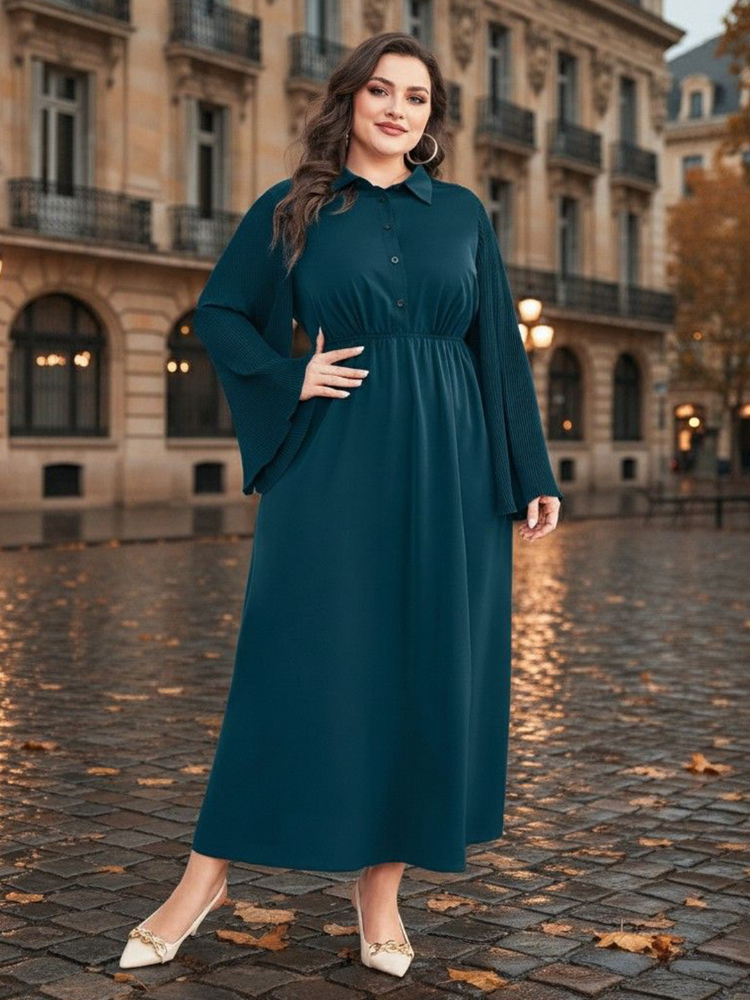Sztori Plus Size Shirt Collar Flared Sleeve Gathered and Pleated Maxi Dress