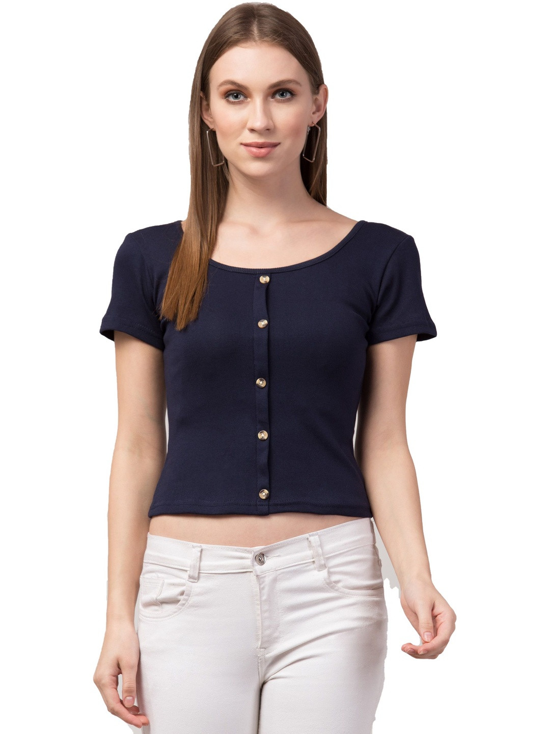 ANBICH DESIGNS Navy Blue Scoop Neck Crop Top
