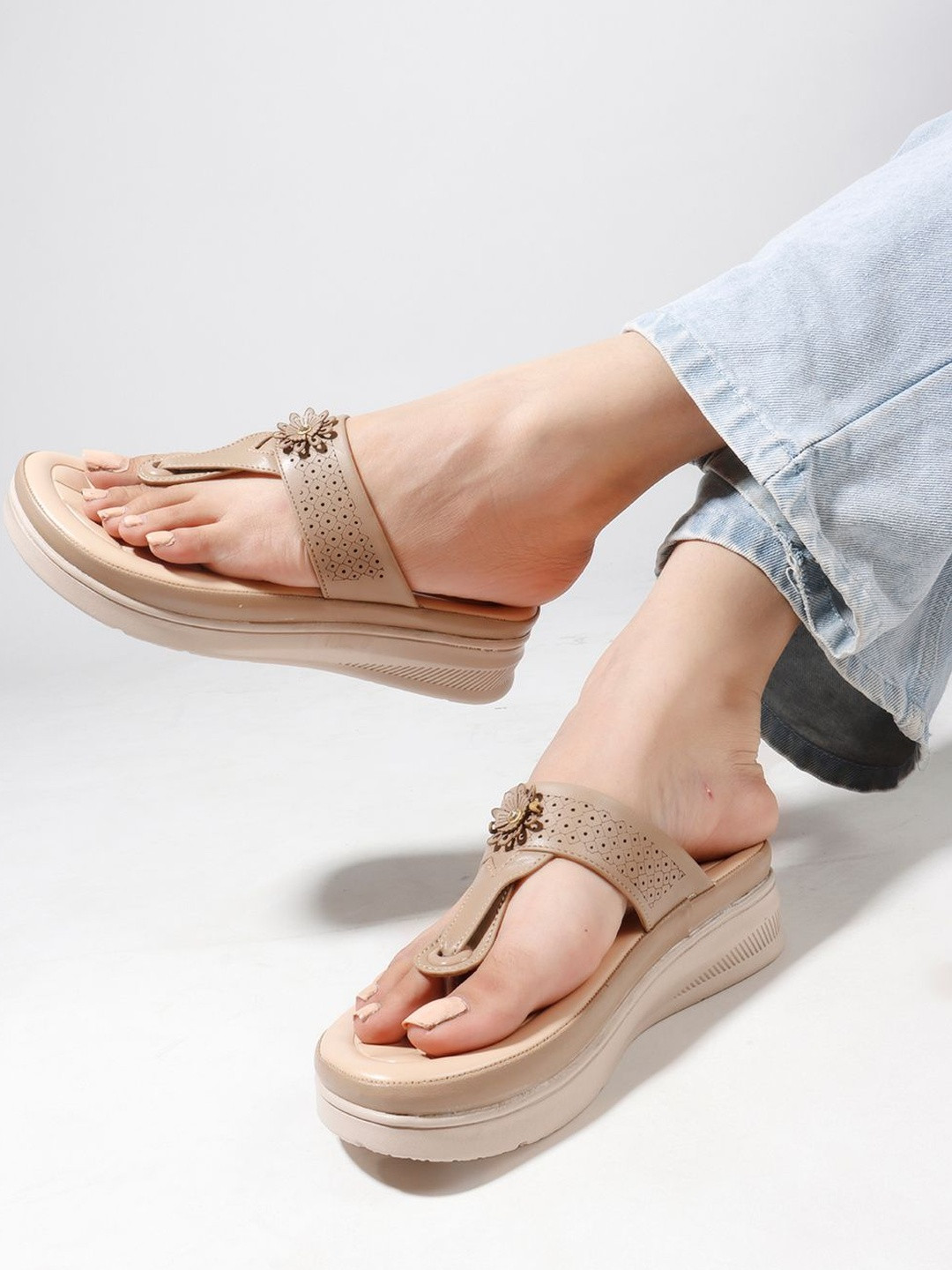 DressBerry Women Beige Embellished Synthetic No Back Strap Round Open Toe Flats