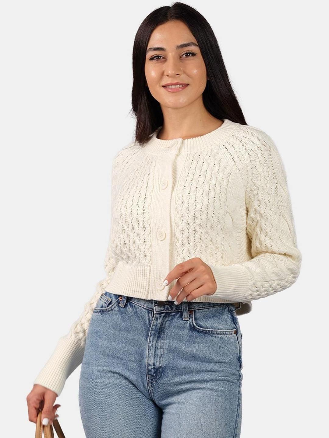 Virgio Women Relaxed Fit Cable Knit Self Design Cotton Crop Cardigan Top