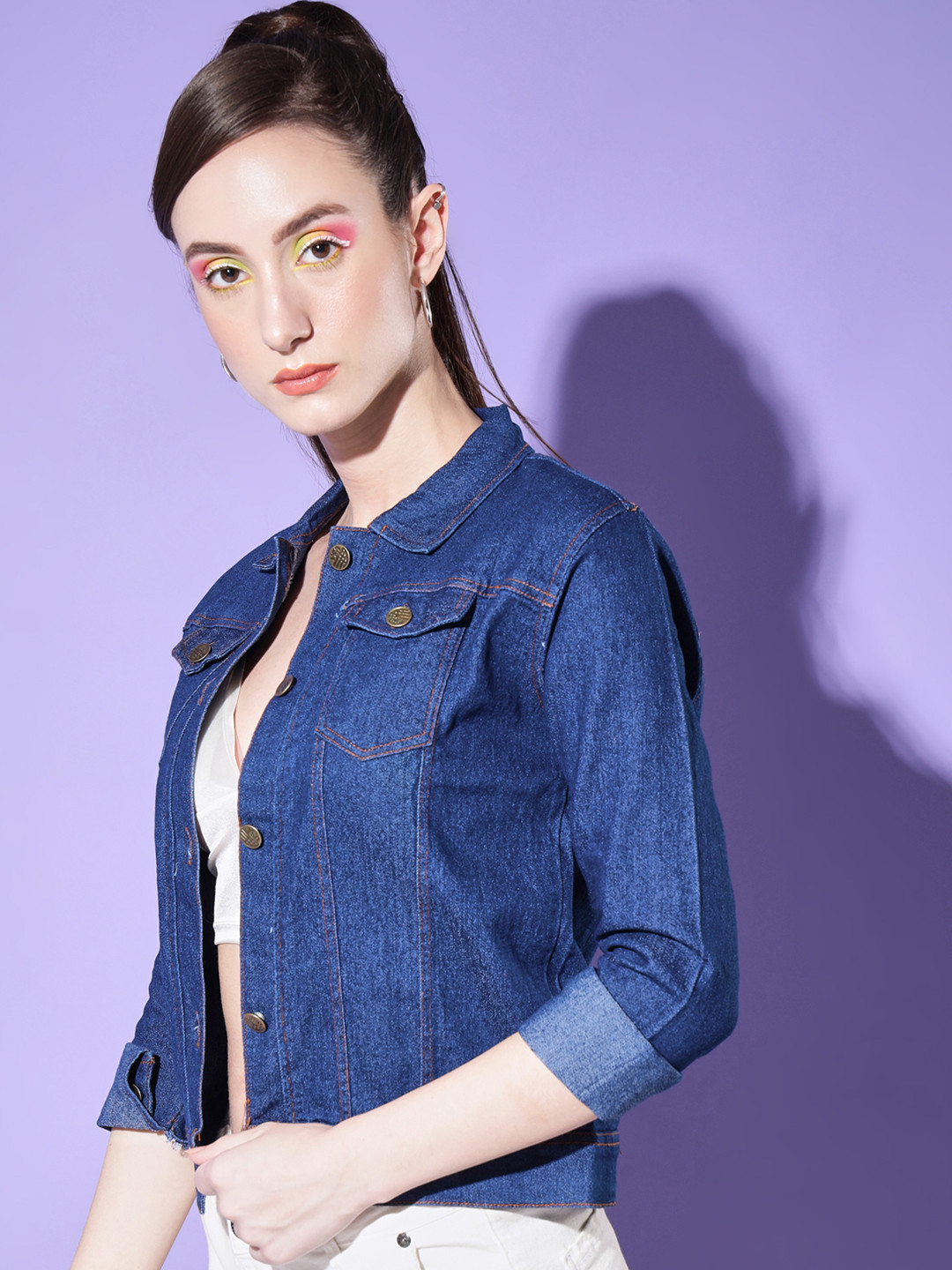 DIMPY GARMENTS Women Lightweight Denim Jacket with Patchwork