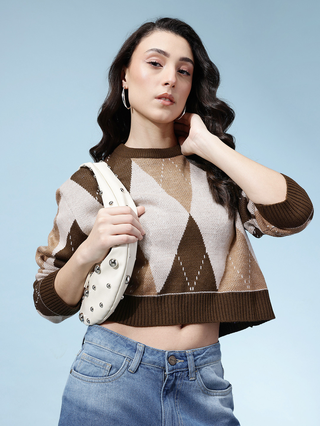 glitchez Argyle Pattern Crop Pullover