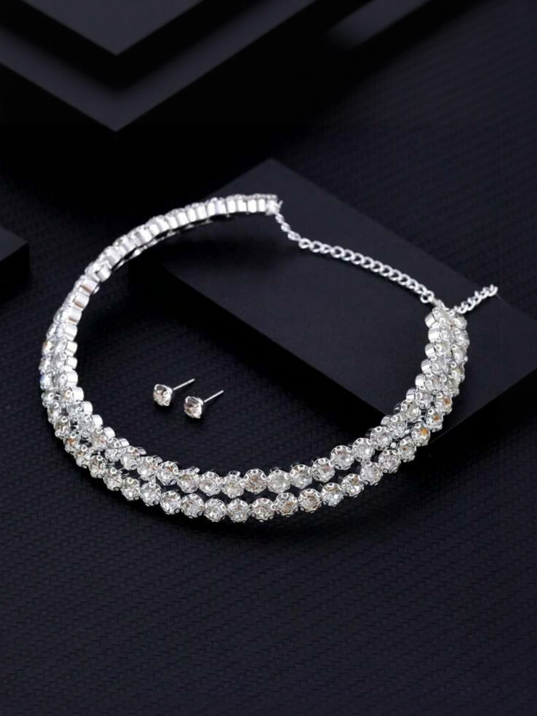 DIVASTRI Women Silver-Plated Double Layer Choker With Stud Earrings