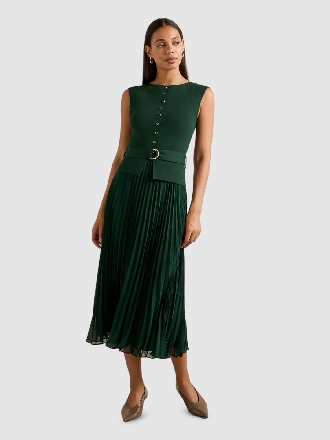 Forever New Round Neck Gathered or Pleated Casual Fit & Flare Midi Dress With Belt