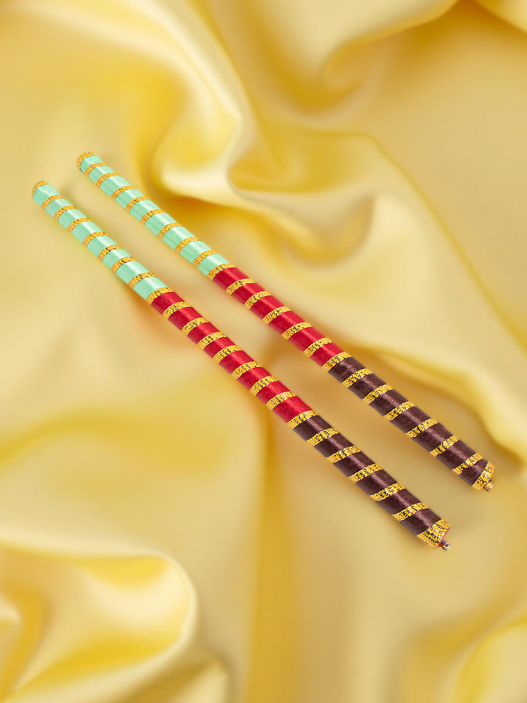 Golden Peacock Set Of 2 Dandiya Sticks With Satin Wrap