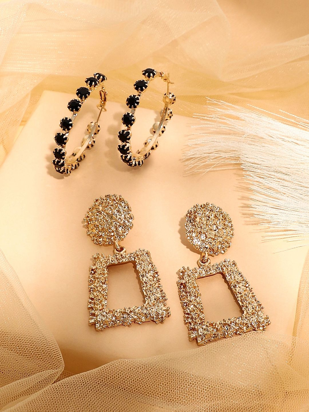 SOHI Pack Of 2 Gold-Plated Geometric Shaped Artificial Stones Studded Drop Earrings