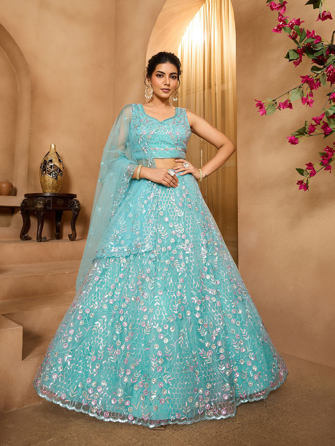 panchhi Embroidered Sequinned Semi-Stitched Net Lehenga & Unstitched Blouse With Dupatta