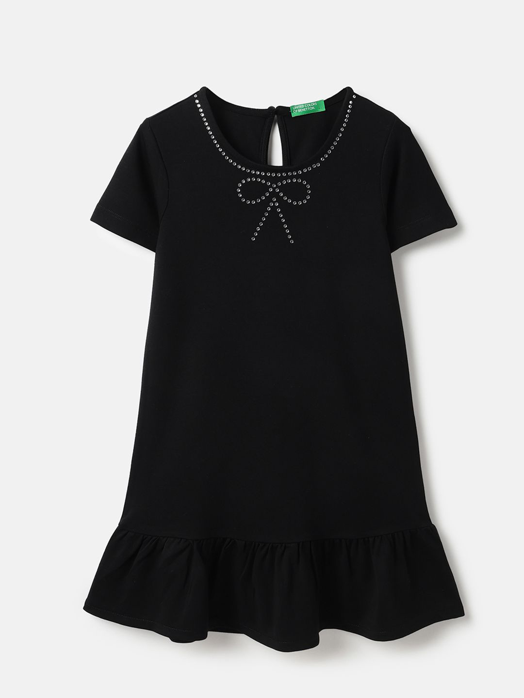 United Colors of Benetton Girls Round Neck Embellished Bow Interlock A-Line Dress