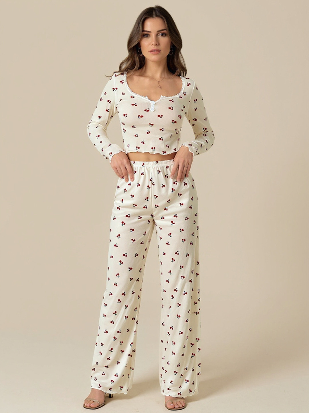 DressBerry Women Printed Crop Top And Pyjama Night suit