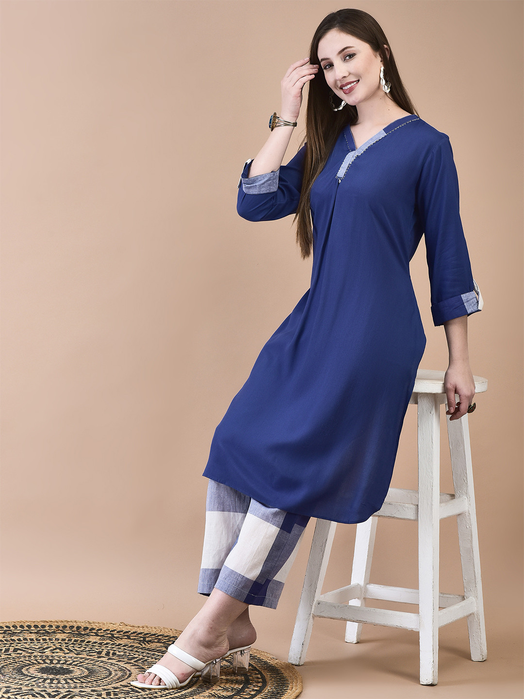 Shree V-Neck Thread Work Indigo Pleated A-Line Kurta with Trousers