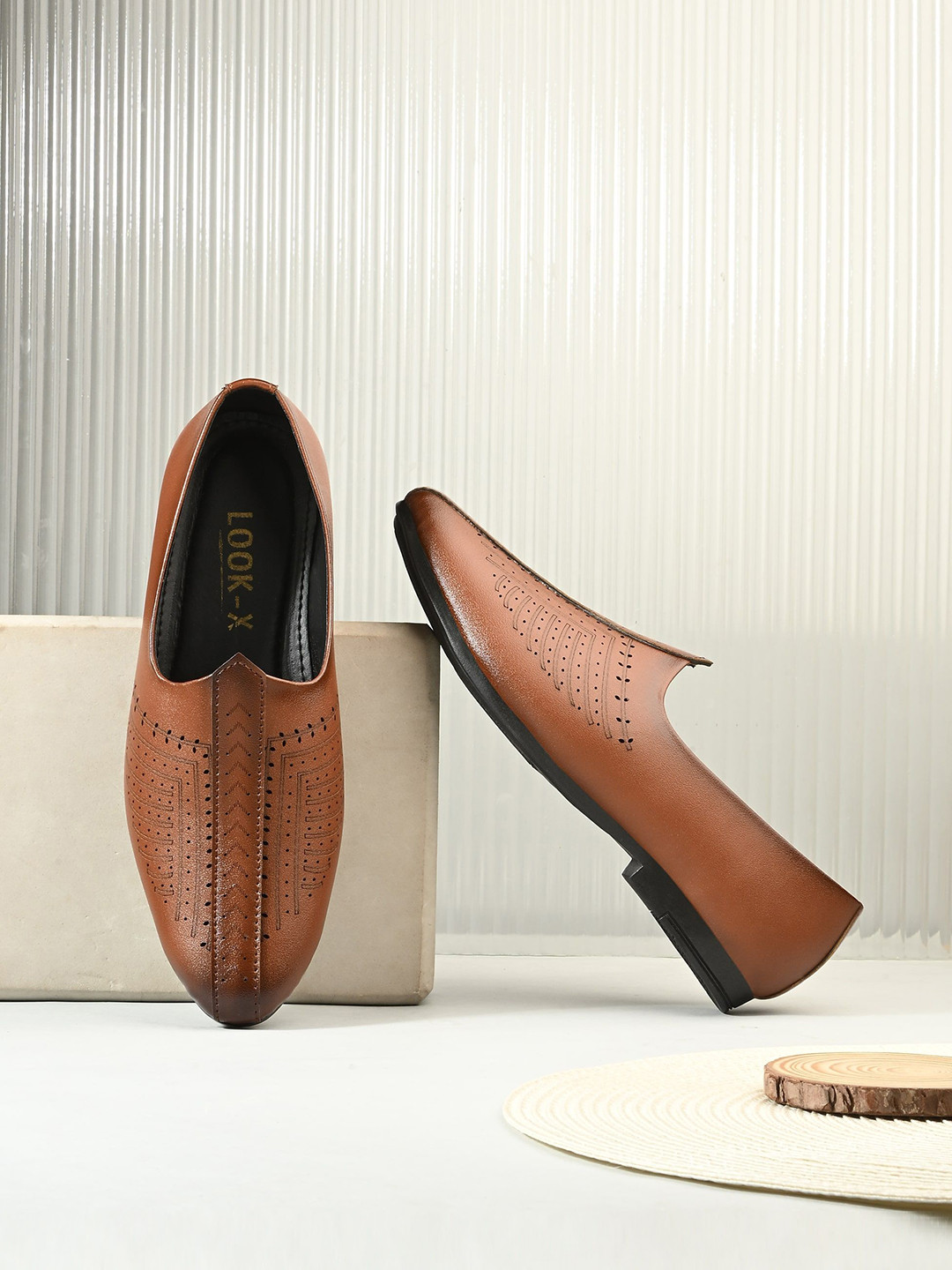 FOOTLOOSE Men Woven Design Slip-On Nagra Juttis With Laser Cuts