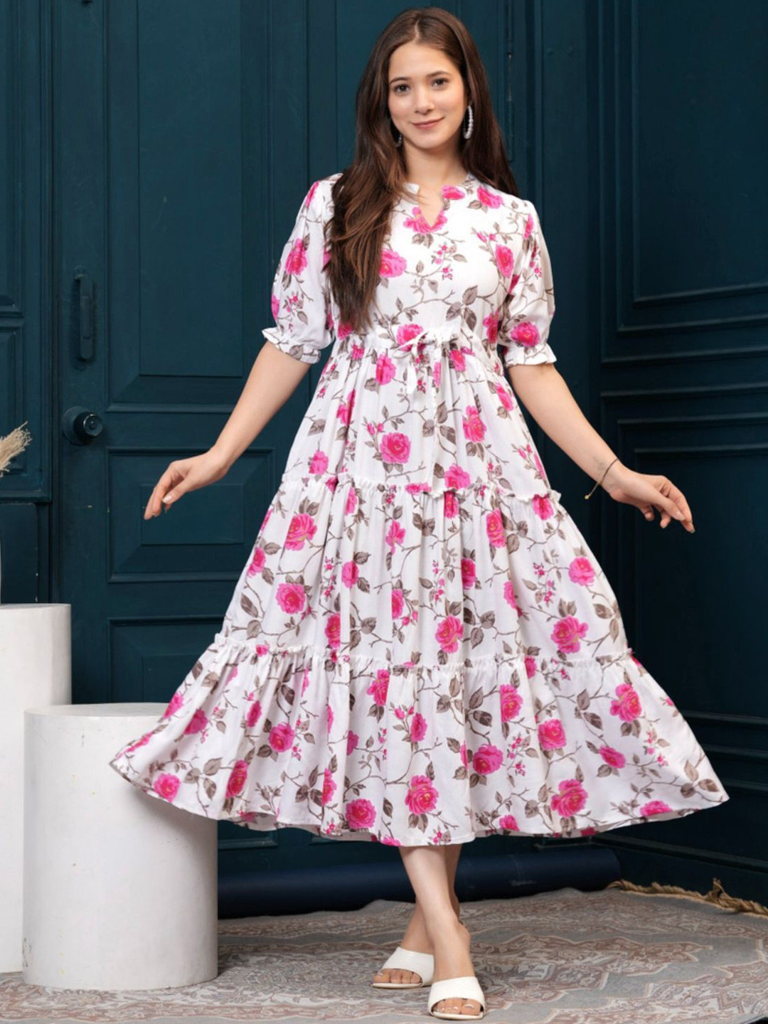 KHEJAL Floral Printed Fit & Flare Midi Dress