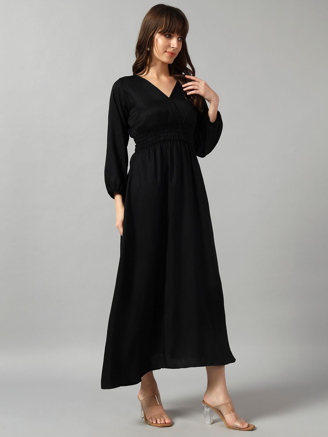 Raiyani Fashion Smocked Long Sleeve V Neck Fit & Flare Midi Dress