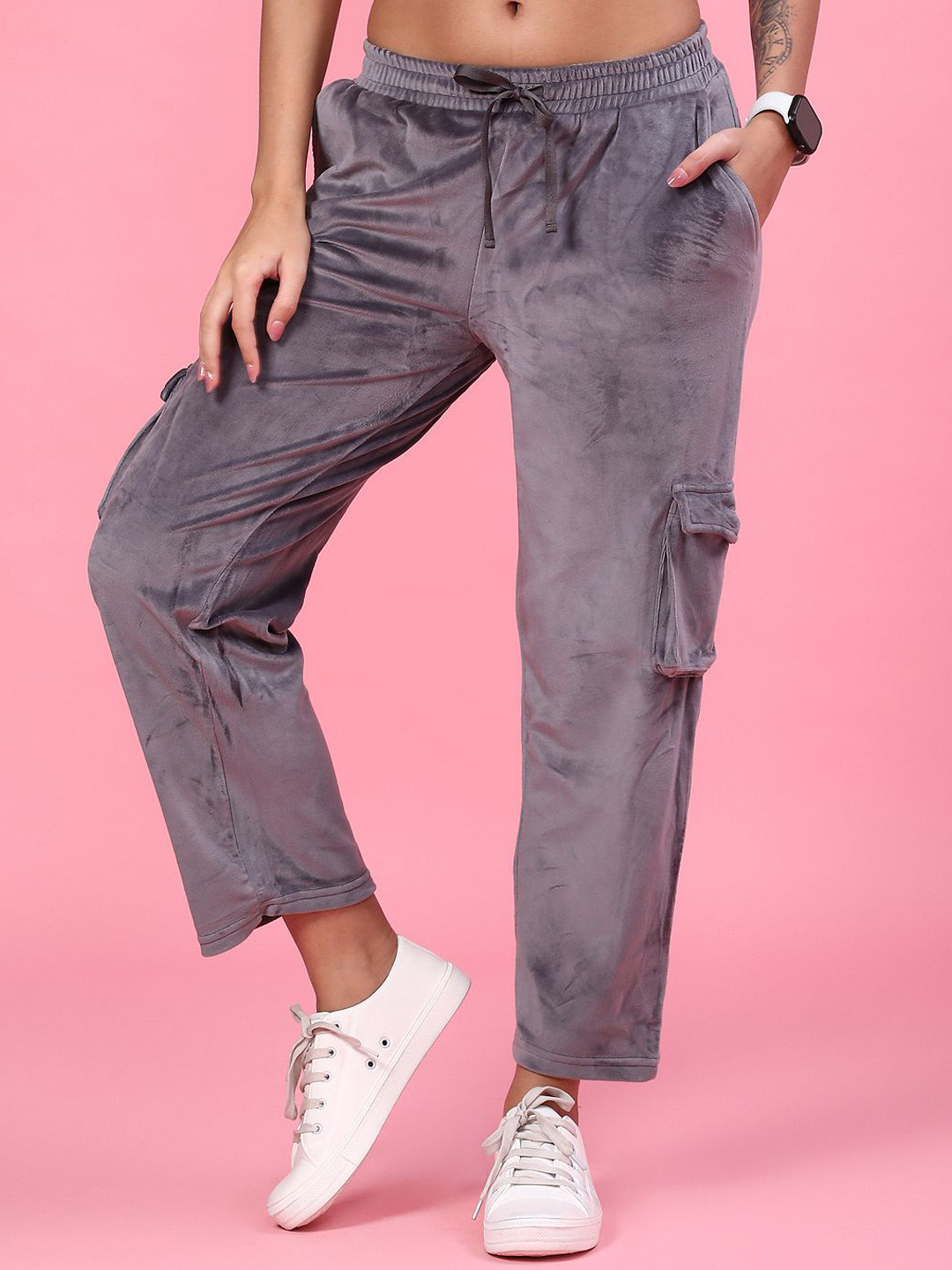 V-Mart Women Solid Velvet Cargos Trousers