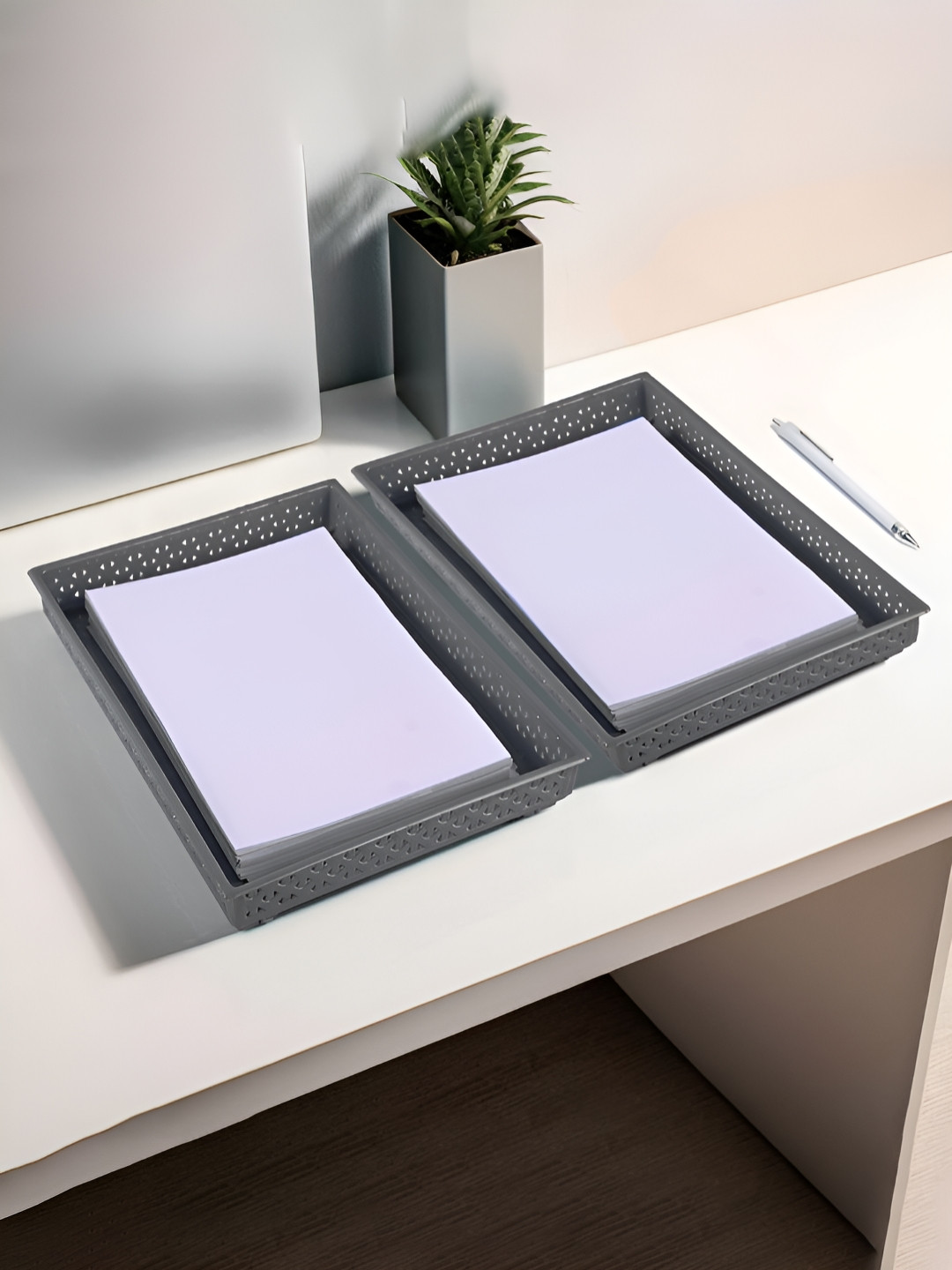 HOMESTIC Grey 2 Pieces Textured Rectangular Drawer Organisers