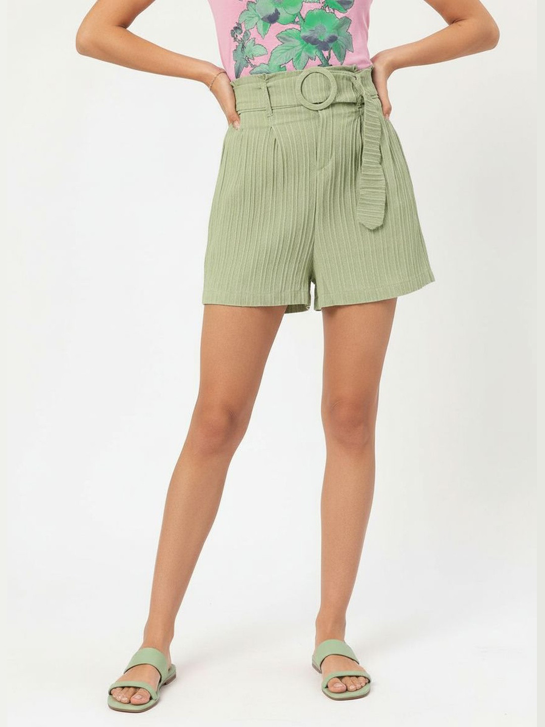 DressBerry Women Effortlessly Stylish Textured Belted Shorts