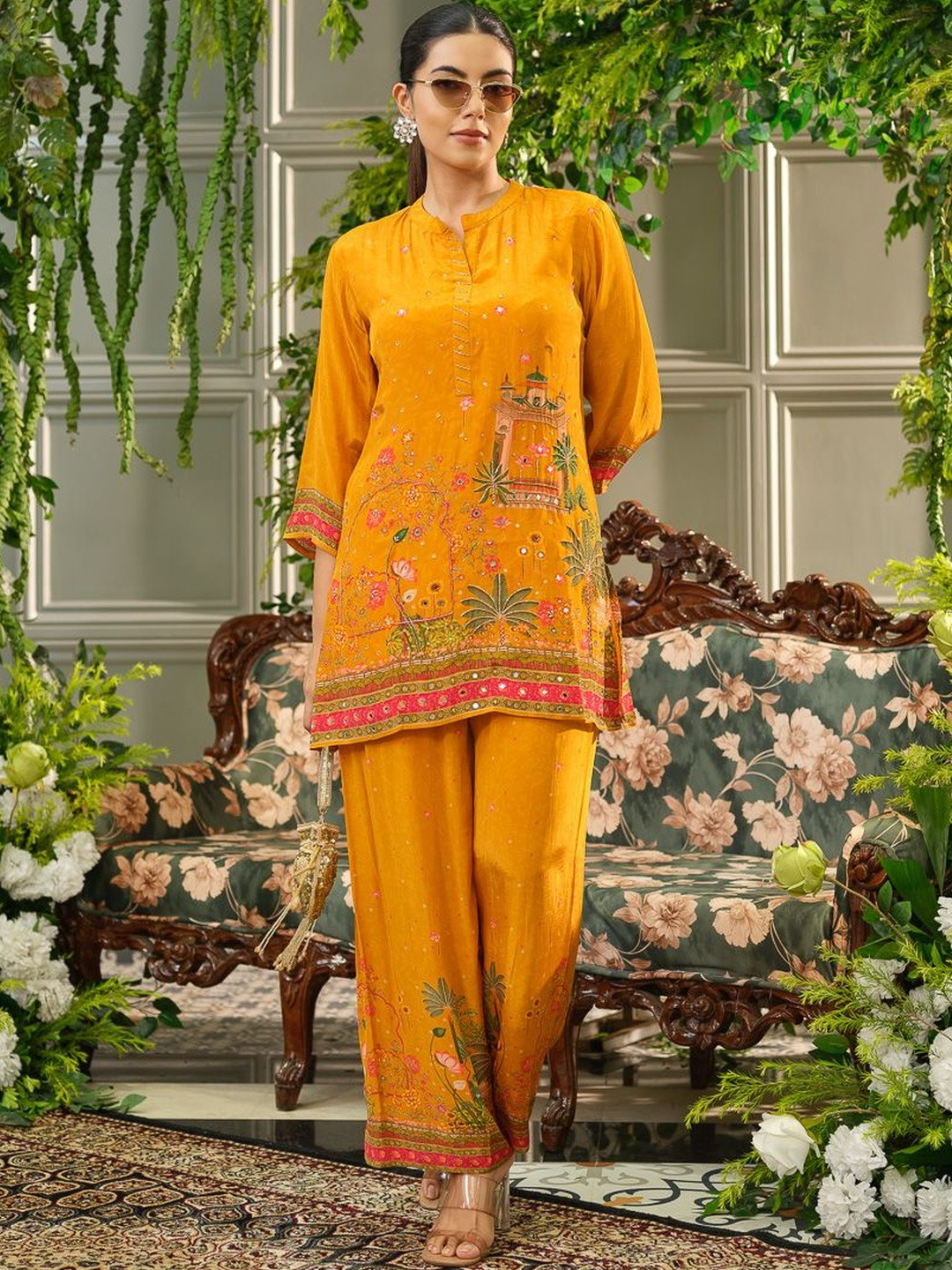Sangria Women Mustard Digital Printed Co-Ord Set With Handwork