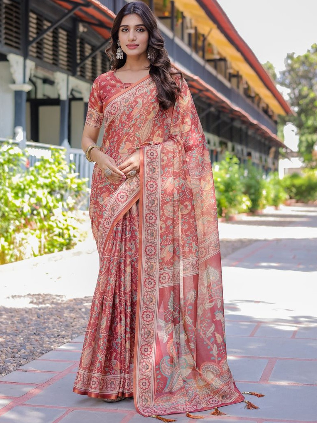 MAHARANI COUTURE Floral Pure Cotton Kanjeevaram Saree With Designer Tassel Borders