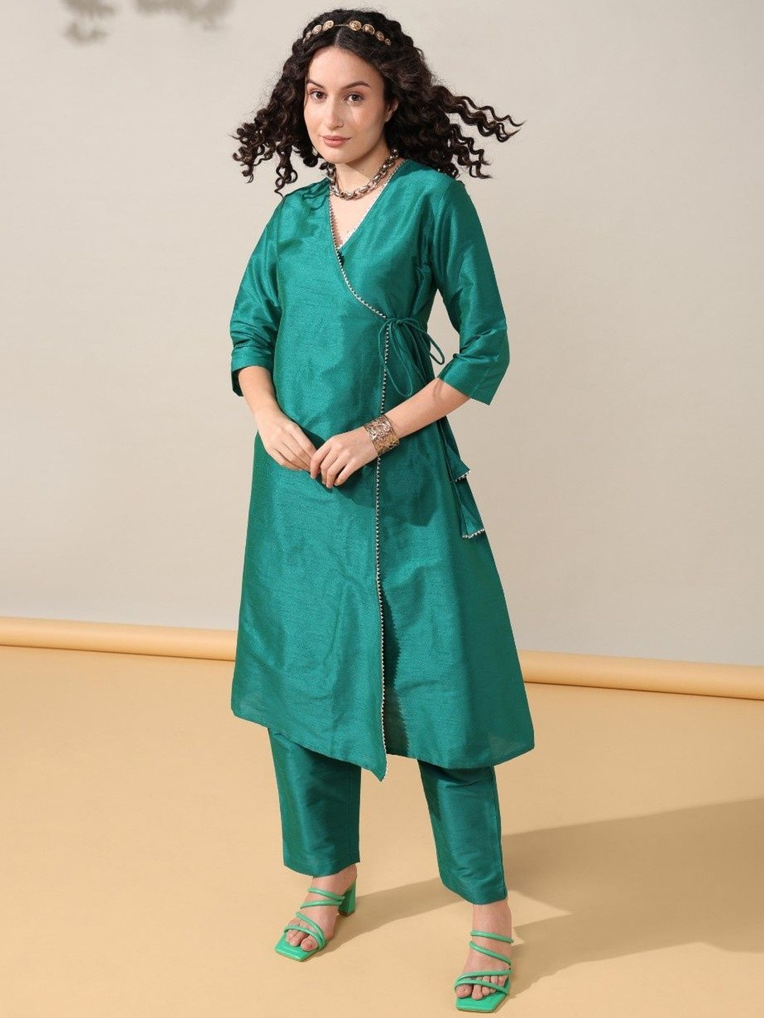 House of Kaftan Women Calf Length Angrakha Pure Silk A-Line Kurta with Trousers